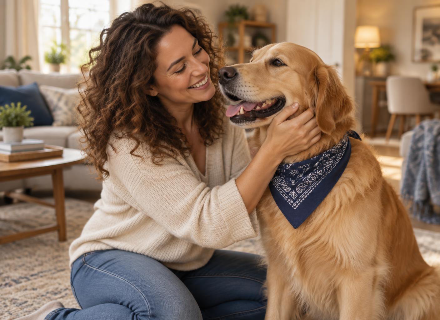 A happy, relaxed woman with Buddy after her problem was solved